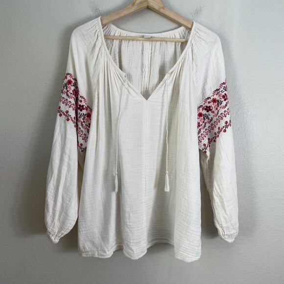 Old Navy Womens XL Embroidered Peasant Blouse Gauzy Cotton Boho Floral Shirt - Picture 7 of 11